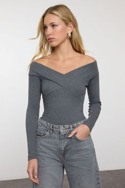 Koyu Gri Carmen Yaka Fitilli Alttan C?tc?tl? Esnek Orme Body TWOAW21BD0053