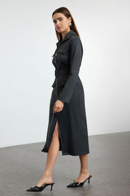 Trendyolmilla Lacivert Fermuarl? Cep Detayl? Gabardin Kumas Midi Dokuma Gomlek Elbise TWOAW25EL00261  фото 12