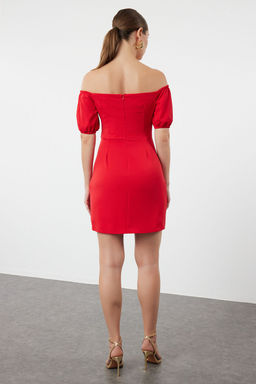 K?rm?z? A-Kesim Balon Kol Dokuma K?sa S?k Abiye Elbise TPRSS24EL00209