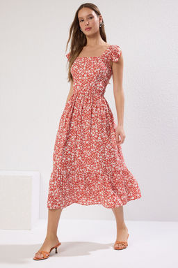 Kiremit Cicek Desenli Kare Yaka A Kesim Viskon Midi Dokuma Elbise TWOSS20EL3331