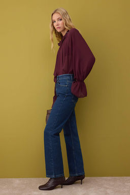 Koyu Mavi Yuksek Bel Comfort/Esnek/Rahat Straight Duz Kesim Boru Paca Jeans TWOAW26JE00062 - Trendyolmilla фото 2