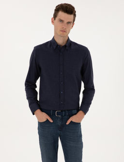 Lacivert Flanel Dokulu Slim Fit Uzun Kollu G_mlek