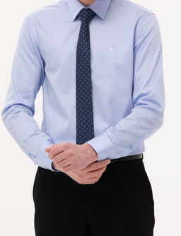 Koyu Mavi %100 Pamuk Parlak Saten Slim Fit Uzun Kollu Basic G_mlek