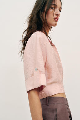 CAMISA CORTA CON LINO / rosa claro - Zara фото 3