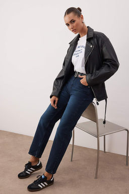 Koyu Mavi Yuksek Bel Straight Jeans TWOAW26JE00256 - Trendyolmilla фото 2