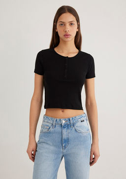 Dugmeli Siyah Basic Tisort - Mavi фото 4