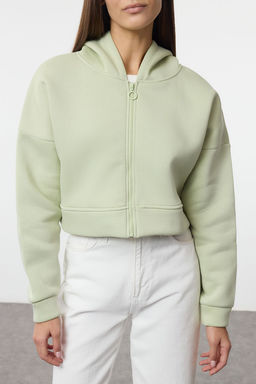 Mint Fermuarl? Kapusonlu Rahat Kesim Crop Kal?n Ici Polarl? Orme Sweatshirt TWOAW20SW0660