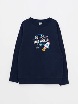 Bisiklet Yaka Bask?l? Uzun Kollu Erkek ?ocuk Sweatshirt