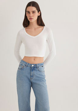 Uzun Kollu Crop Basic Tisort