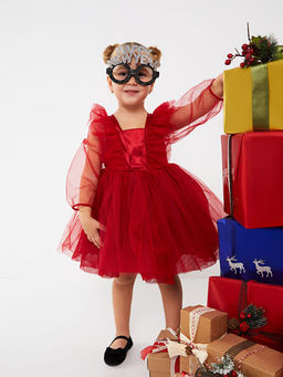 Kare Yaka Uzun Kollu Basic K?z Bebek Abiye Elbise