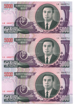Банкнота 5000 вон 2006 года Северная Корея  Лист из трех банкнот