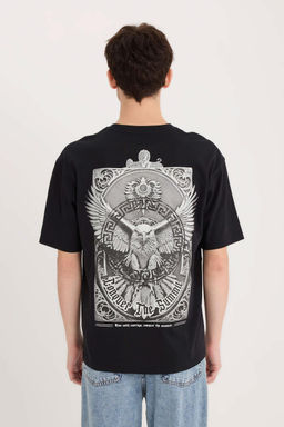 %100 Pamuk Boxy Fit Bisiklet Yaka S_rt Bask_l_ K_sa Kollu Ti__rt