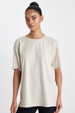 DeFactoFit Oversize Bisiklet Yaka Bask?l? Sporcu Basic K?sa Kollu Tisort