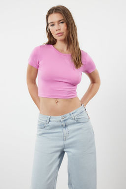 Pembe-Ekru 2li Paket Crop Viskoz/Yumusak Kumas Esnek Orme Bluz TWOSS23BZ00108