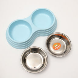 Миска металлическая двойная на пластиковом основании 2 х 160 мл, 25 х 14 х 5 см, голубая - Пижон фото 4