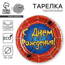 Цена за 10 шт. Тарелка одноразовая бумажная "С днем рождения" паутина, 18 см