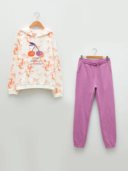 Kap??onlu Bask?l? Uzun Kollu K?z ?ocuk Sweatshirt ve E?ofman Alt?
