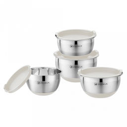 Миска из нержавеющей стали Zeidan набор 4шт: миска 1,2л - д16см, 1,5л - д18см, 2,5л - д20см, 4,2л - д24см, s0,5мм, с крышками из пищевого пластика, нескользящее силиконовое дно (Китай)