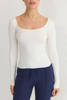 TRENDYOLMILLA Beyaz Seamless/Dikissiz Uzun Kollu Orme T-Shirt THMSS25TS00003  фото 8