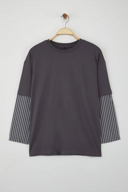 Teen Antrasit Dokuma Garni Detayl? Oversize/Genis Kal?p Uzun Kollu Orme T-Shirt TWOAW26TS00003
