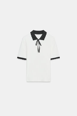 CONTRAST COLLAR T-SHIRT WITH BOW