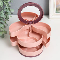 Шкатулка - органайзер для хранения украшений «Круглая. 4 уровня», пластик, зеркало, розовая, 10×10×10 см