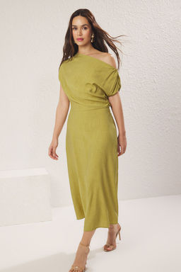 TRENDYOLMILLA Yag Yesili A Kesim Kay?k Yaka Midi Dokuma Elbise TWOSS25EL00726 фото 3