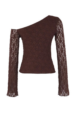 Kahverengi Dantel Asimetrik Yaka Fitted/Vucuda Oturan Orme Bluz TWOAW26BZ00036