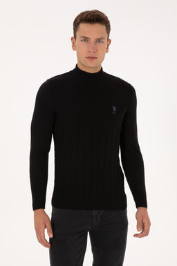 Erkek Slim Fit Yar_m Bal_k__ Yaka Siyah Kazak