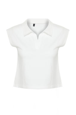 Ekru %100 Kal?n Pamuklu Polo Yaka Regular/Normal Kal?p Orme T-Shirt TWOSS24TS00075