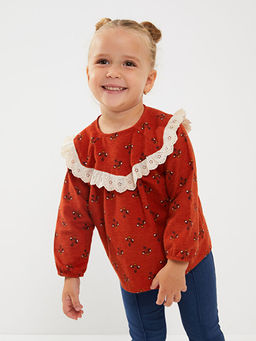 Bisiklet Yaka Uzun Kollu Bask?l? Pamuklu K?z Bebek Bluz