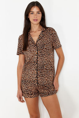 Trendyolmilla Kahverengi %100 Pamuklu Leopar Desenli Sortlu Orme Pijama Tak?m? THMSS24PT00392