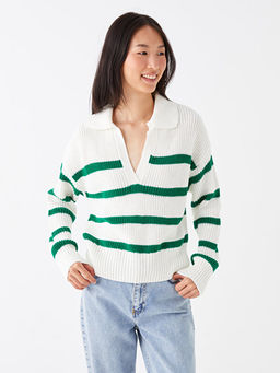 Polo Yaka ?izgili Uzun Kollu Kad?n Triko Kazak