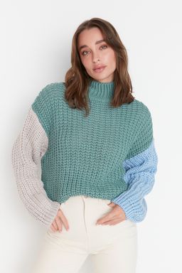 Pudra Genis Kal?p Yumusak Dokulu Renk Bloklu Triko Kazak TWOAW21KZ0271 - Trendyolmilla фото 6