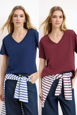 Bordo-Lacivert %100 Pamuk 2li Paket Regular Kal?p Basic V Yaka Orme T-Shirt TWOSS23TS00002