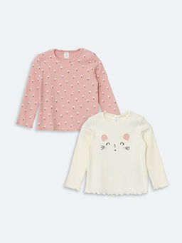 Bisiklet Yaka Uzun Kollu Bask?l? K?z Bebek Ti??rt 2li