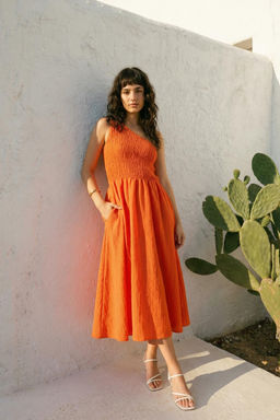 Turuncu Belden Ac?lan Gipeli Tek Kol Midi Dokuma Elbise TWOSS23EL01830