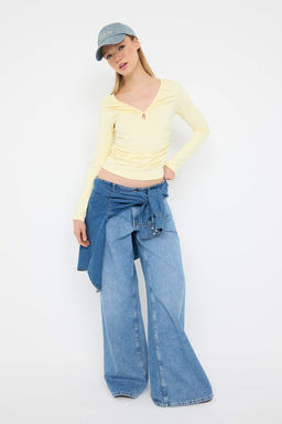 Teen Siyah Fitted/Vucuda Oturan V Yaka Orme Bluz TWOAW26BZ00175 - Trendyolmilla фото 11
