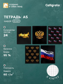 Тетрадь 10 штук, 24 листа в клетку Calligrata «Россия», блок офсет, 5 видов
