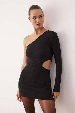 Siyah Orme Simli Orme Mini Astars?z Elbise TPRAW26EL00137