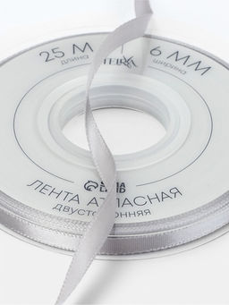 Цена за 2 шт. Лента атласная TEIRA, двухсторонняя, 6 мм, 25±1 м, цвет серебряный №837