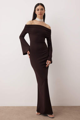 Kahverengi Vucuda Oturan Maxi S?k Abiye Gece Mezuniyet Y?lbas? Elbisesi TPRSS24AE00204