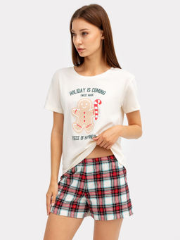 Комплект женский (джемпер, шорты) молочный в клетку с принтом в виде надписи и печенья - Mark formelle фото 2