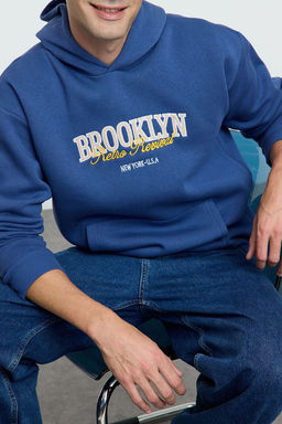 Indigo Unisex Oversize/Genis Kesim City Bask?l? Ici Polarl? Kapusonlu Sweatshirt TMNAW25SW00058