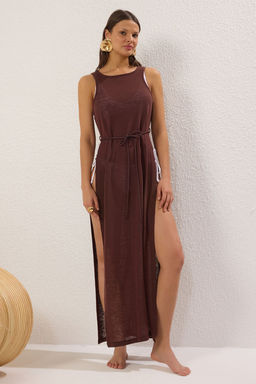 Kahverengi Orme Y?rtmacl? Maxi Plaj Elbise TBESS21EL2991