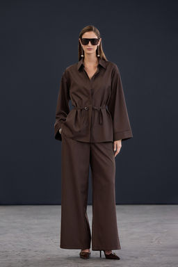 Trendyol Studio Kahverengi Cizgili Belden Ayarlanabilir Dokumlu Oversize Gomlek TWOAW26GO00105 - Trendyolmilla фото 4