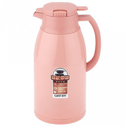 Термос-кувшин пластмассовый корпус, узкое горло Пастель д13,5см h29,5см, пудровый, стеклянная колба 1,6л, кнопка-клапан (Китай)