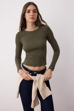 Gri Melanj Kontrast Biye Detayl? Bisiklet Yaka Fitilli Esnek Orme Bluz TWOAW26BZ00067