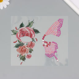 Наклейка - стразы на лицо Крыло бабочки и розовые розы, 16?17 см