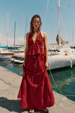 TOP HALTER FRUNCES CON LINO / Granate